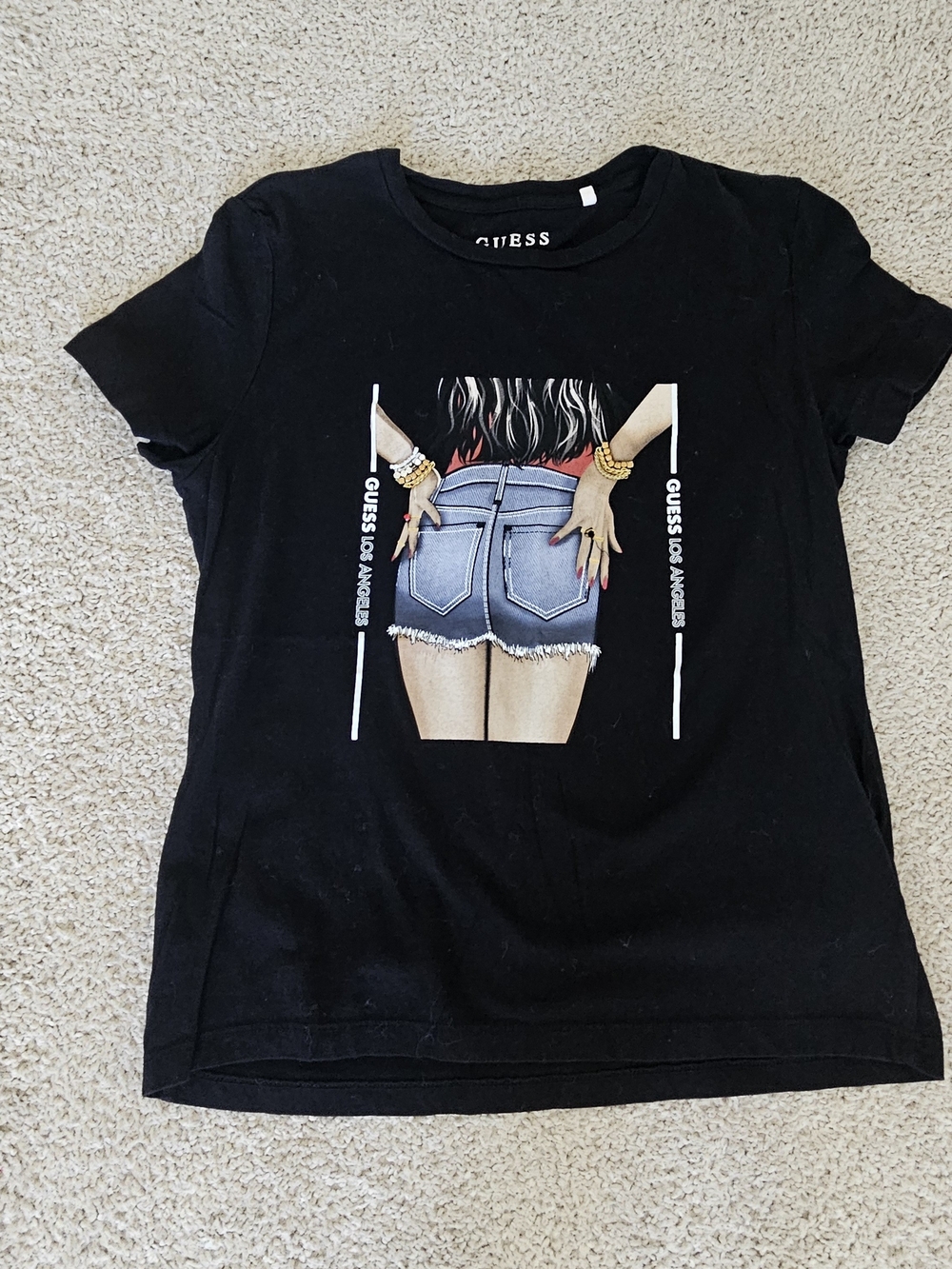 GUESS Black Graphic Tee with Denim Short Print